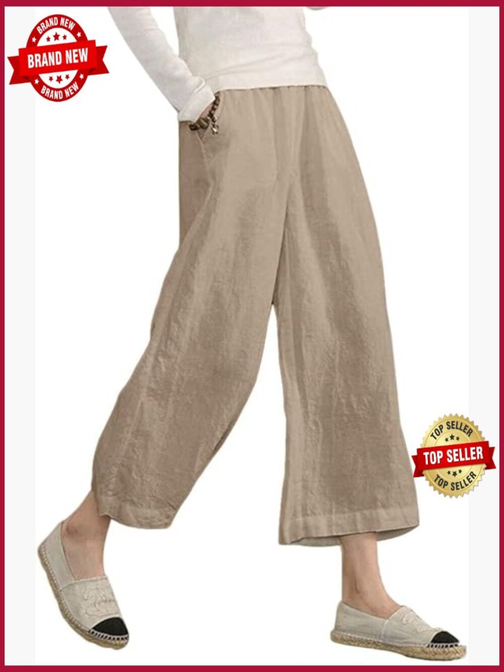 Womens Linen Cropped Pants Elastic Waist Wide Leg Capri